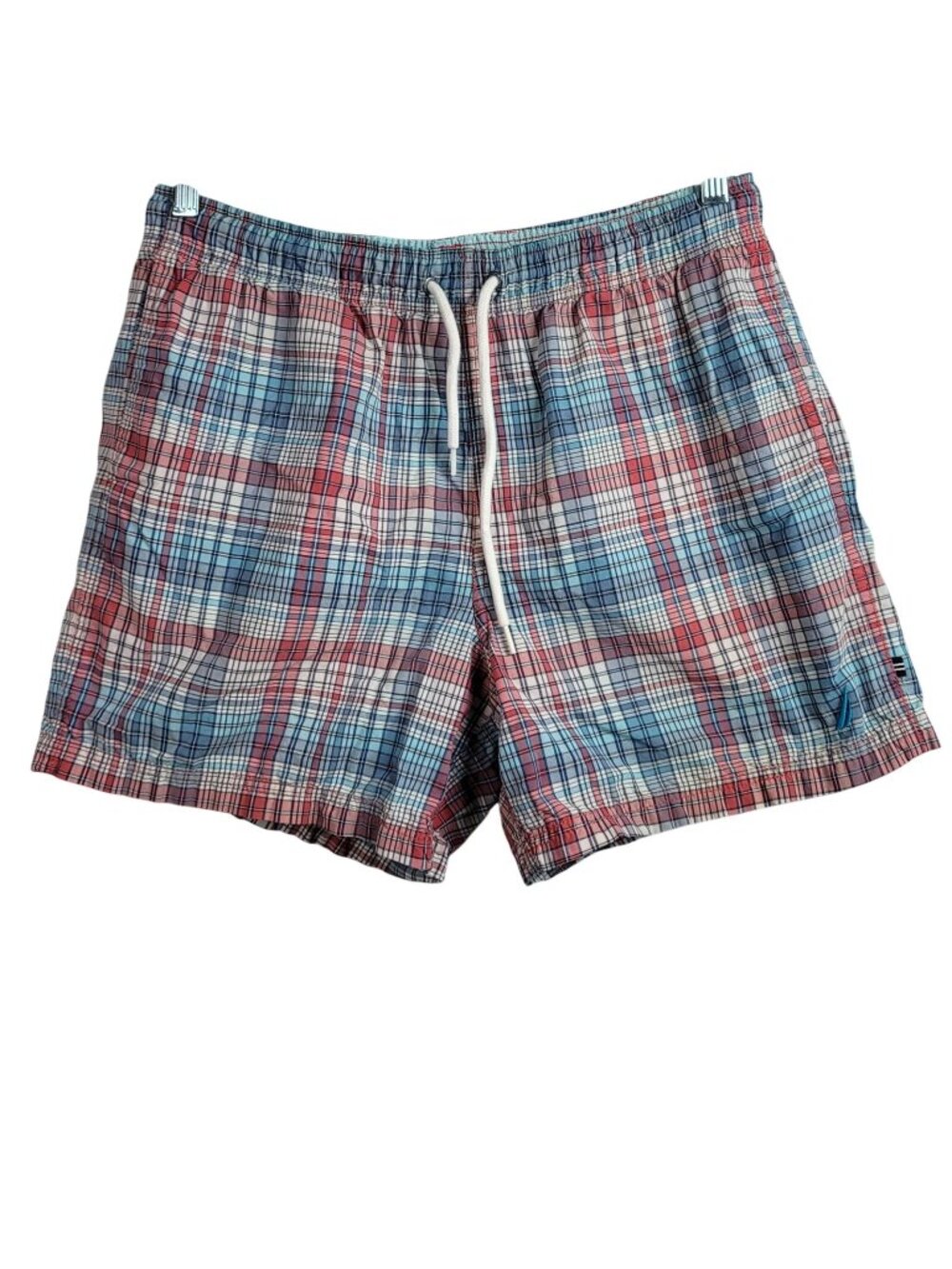 Nautica Mens Plaid Swim Shorts Blue Red Medium Drawstring Mesh Liner Pocket READ